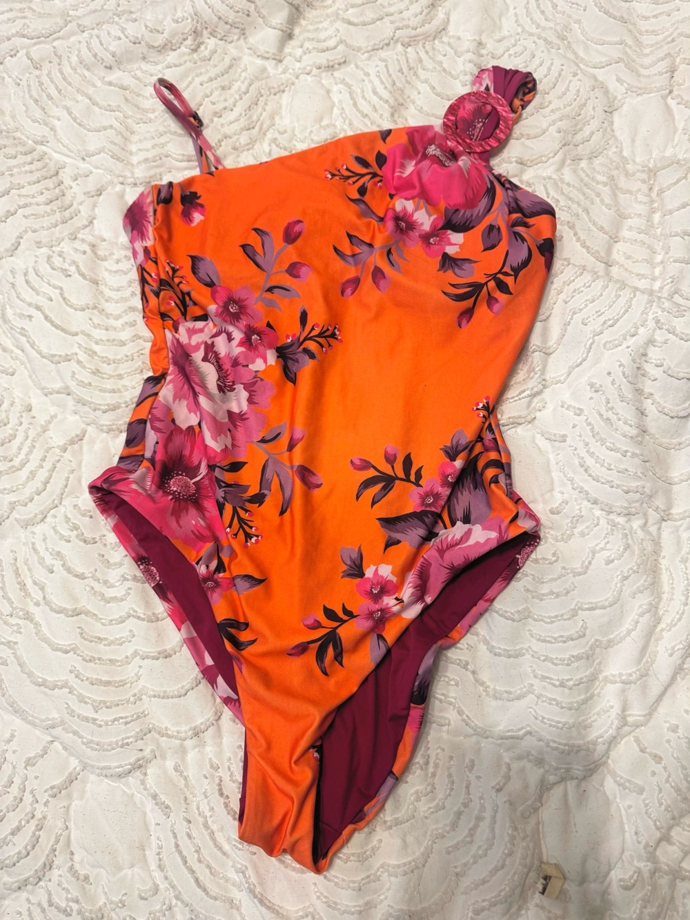 BECCA Orange Floral One-Shoulder Swimsuit with Pink Accents
